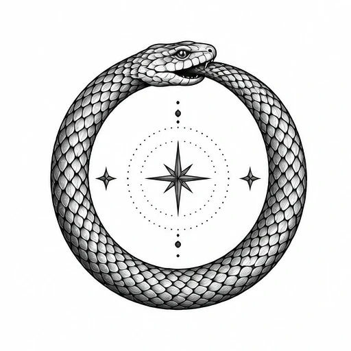 Detailed black and gray ouroboros serpent biting its tail in a circle around a compass rose with dotted circular accents.