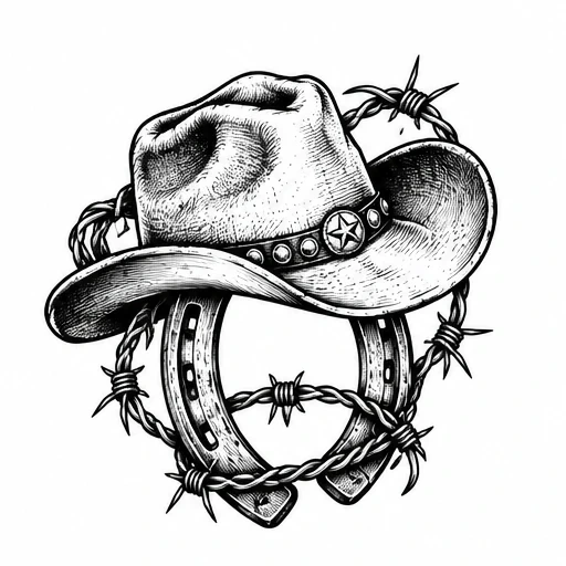 Black and white tattoo design of cowboy hat on horseshoe wrapped with barbed wire