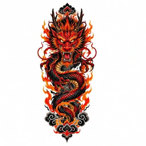 Red and black dragon coiled vertically with flames and black ornamental clouds