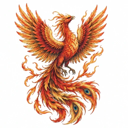 Detailed phoenix tattoo design with flaming tail feathers and spread wings in warm tones