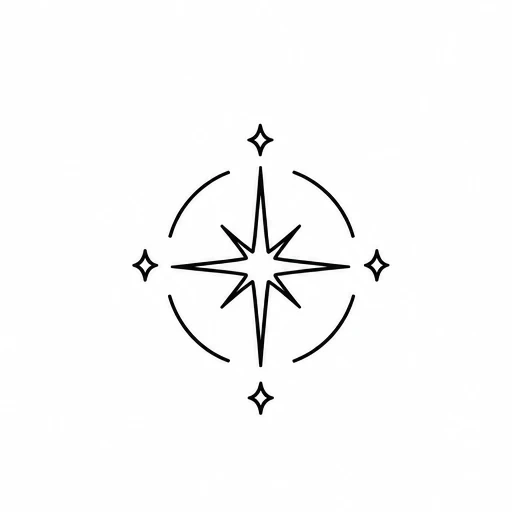 Minimalist fine-line compass star with four small sparkle shapes around it