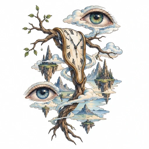 Surreal tattoo design with melting clock on a twisted tree, floating islands, clouds, and two realistic eyes in blue and green hues.