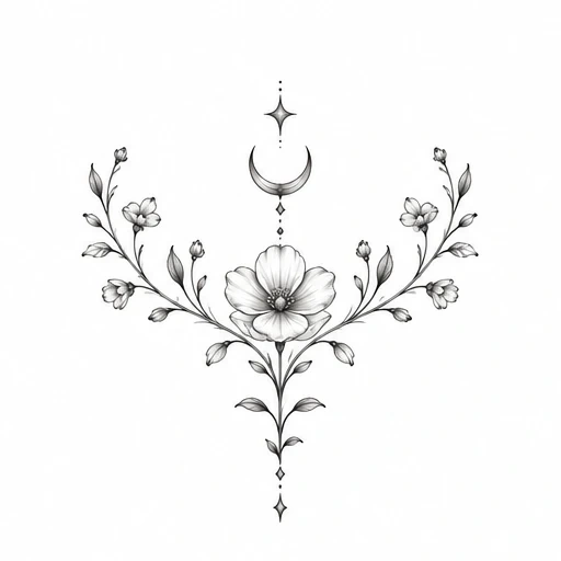 Fine line tattoo of a crescent moon above a large flower with symmetrical floral branches extending outward