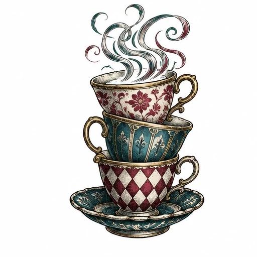 Three stacked vintage teacups with floral, diamond, and stripe patterns, steam swirling from the top cup on a matching saucer
