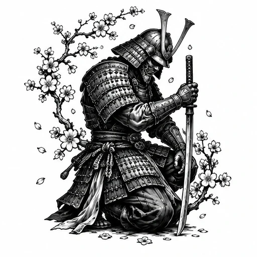 Black and white samurai kneeling with katana and cherry blossoms