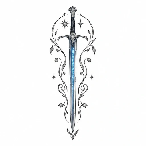 Tattoo design of a sword with a glowing blue blade and decorative vines wrapping around it with star accents