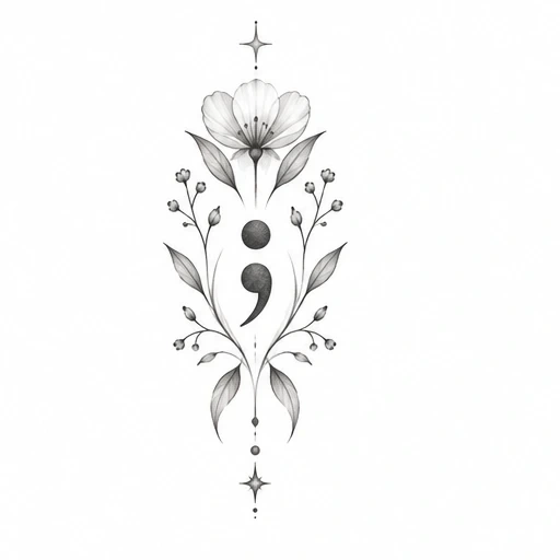 Fine line tattoo of a semicolon surrounded by detailed flowers, leaves, and small star shapes in black and grey ink.