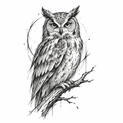 Black and white illustration of an owl perched on a branch with geometric circular lines