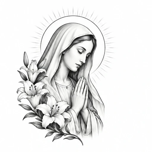 Black and gray tattoo design of praying Mother Mary with a radiant halo and lilies