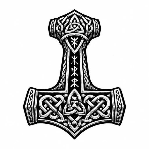 Black and white Viking Thor's hammer tattoo with Celtic knotwork and Norse runes