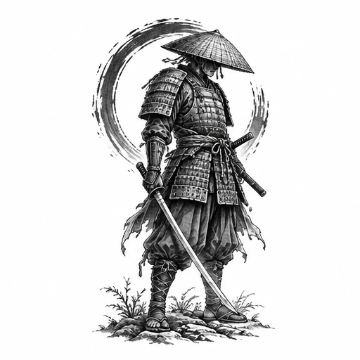 Black and white illustration of a samurai in traditional armor and hat holding a sword, with a brushstroke circle behind.