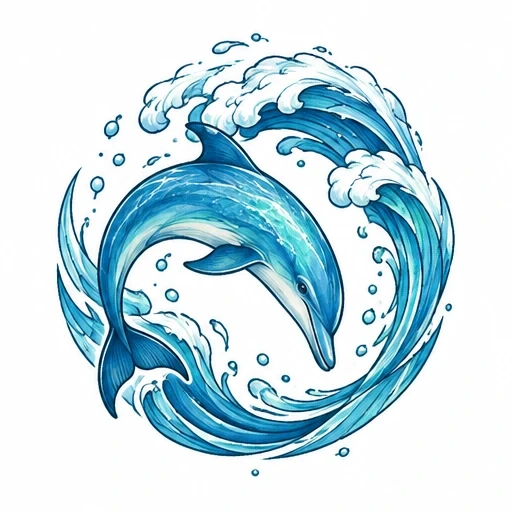 Blue dolphin jumping within circular ocean waves with splashing water droplets