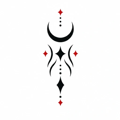 Black crescent, tapered curves and diamond shapes with three red accents