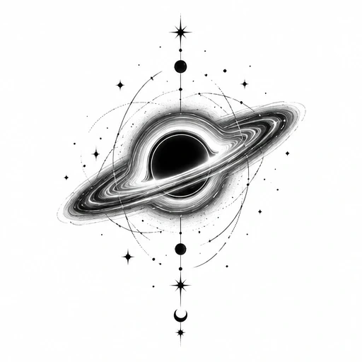 Black hole tattoo design with glowing rings, orbit lines, stars, and crescent moon in black ink