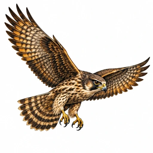 illustration of a brown falcon flying with wide spread wings and sharp talons