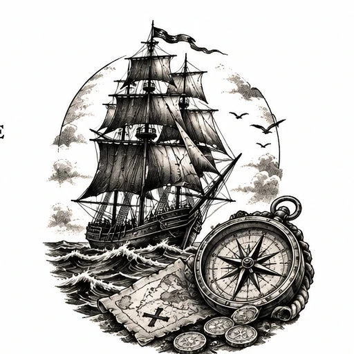 Black and white tattoo design of an old sailing ship at sea with compass, treasure map, and coins