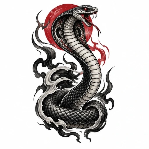Black cobra snake coiled with open mouth, red sun behind, black and white smoke swirls