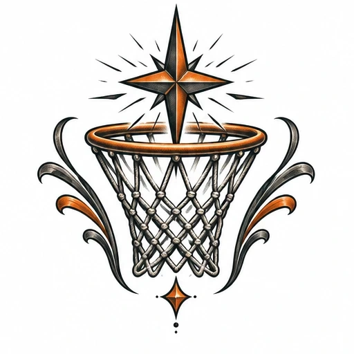 Basketball hoop with a glowing star above and decorative swirling flourishes on either side in orange, black, and gray.