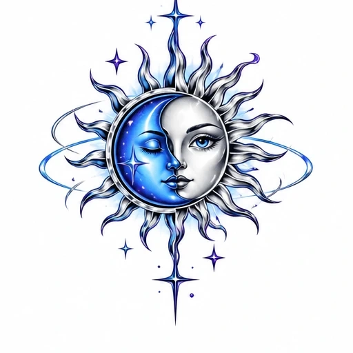 Sun and moon merged face tattoo design with blue moon and silver sun, rays, stars and orbits