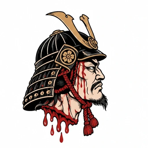 Decapitated samurai head wearing a detailed black and gold helmet with dripping blood