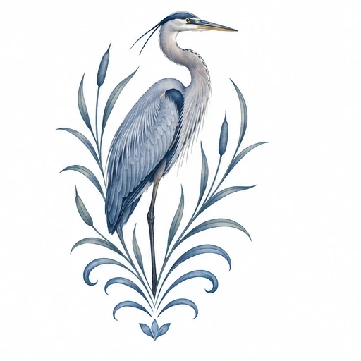 Blue heron tattoo design with detailed feathers and surrounding reed plants in blue-gray tones