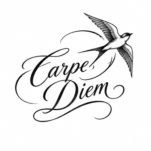 Black ink tattoo design of the phrase 'Carpe Diem' in elegant cursive with a flying swallow above.
