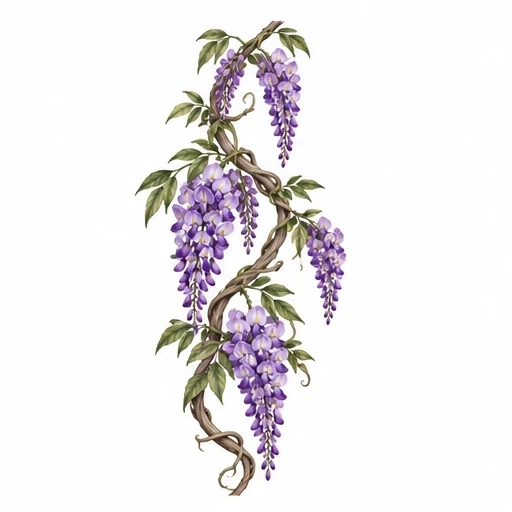 Illustration of a vertical wisteria vine with green leaves and cascading purple flower clusters on a white background