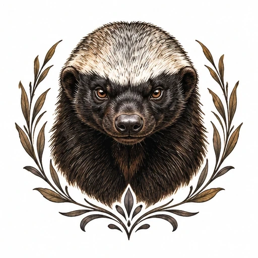 Realistic honey badger head frontal view with symmetrical leafy frame