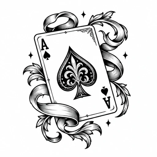 Ace of Spades playing card tattoo design with decorative ribbon and floral flourishes in black ink