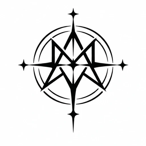 Black geometric compass rose with sigil elements and two concentric circles on white background