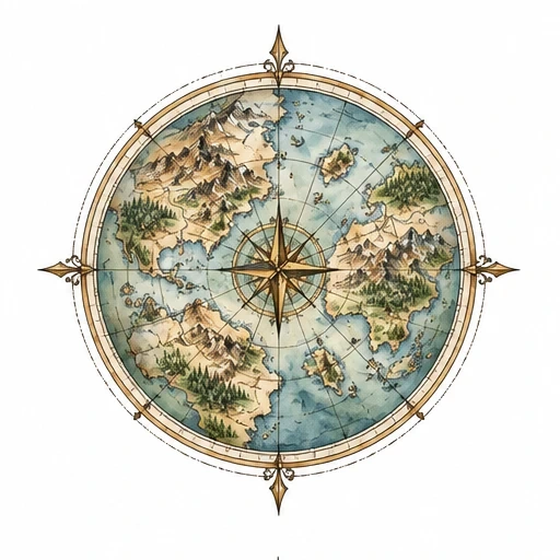 Circular vintage-style fantasy world map with continents, mountains, forests, islands, and a central compass rose