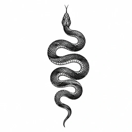 Black ink tattoo design of a vertically winding snake with detailed scales and flicking tongue