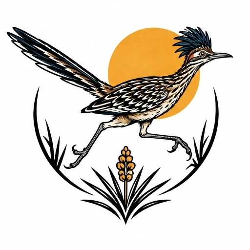 Illustration of a roadrunner mid-stride with a mustard sun background and stylized grass accents
