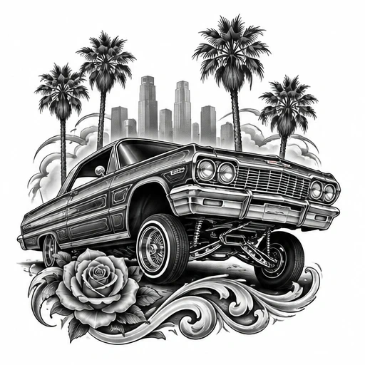 Black and gray tattoo design of a classic Chevy lowrider with palm trees, city skyline, and a rose with ornamental swirls