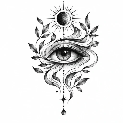Black ink tattoo design of an eye with leafy branches, crescent moon, and star elements