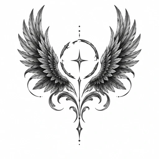 Symmetrical grey shaded angel wings with star and ornamental flourishes