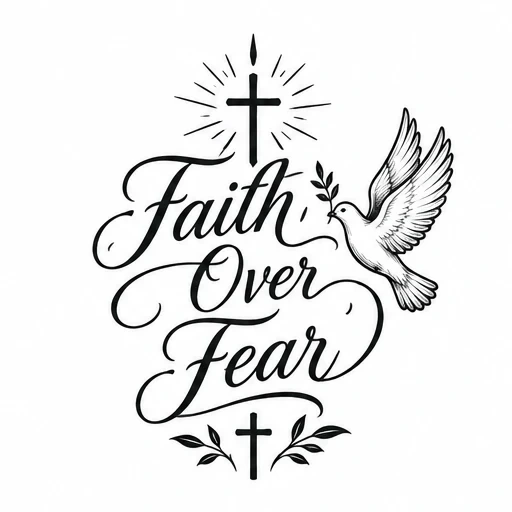 Black tattoo design with 'Faith Over Fear' lettering, two crosses, and a flying dove holding olive branch.