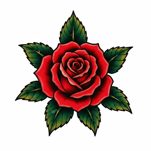 Traditional tattoo style red rose with six green leaves arranged symmetrically