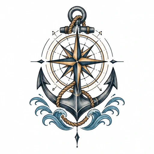 Tattoo design of an anchor wrapped with rope, compass rose behind it, and ocean waves at the base