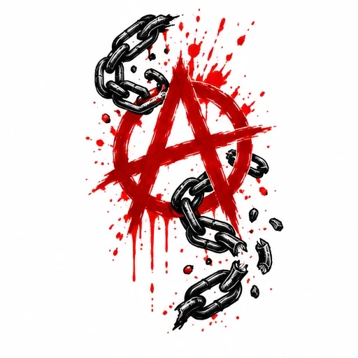 Red anarchy symbol with dripping paint and broken black chain links surrounding it