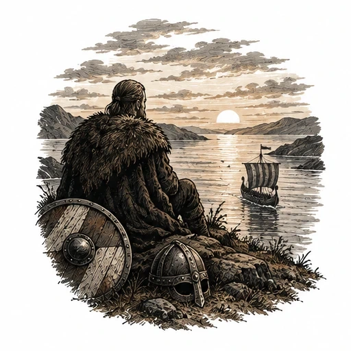 Viking warrior sitting on rocks watching sunset over water with Viking ship sailing away, shield and helmet on ground.