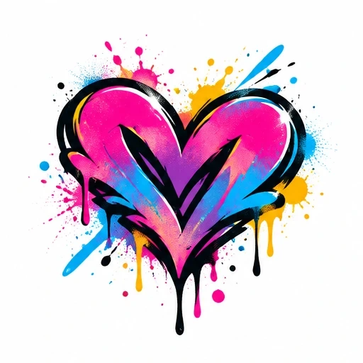 Graffiti style heart with pink, blue, yellow paint splashes and black outlines on white background