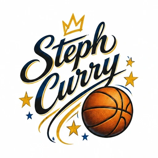 Steph Curry black script lettering with a gold crown, orange basketball, and gold and blue stars tattoo design