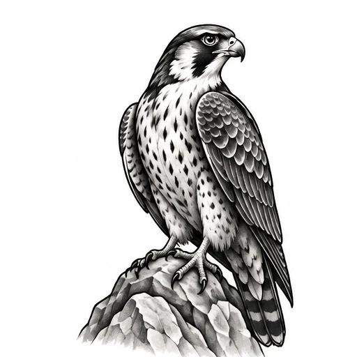 Black and white tattoo art of a falcon with detailed feathers perched on a rocky surface