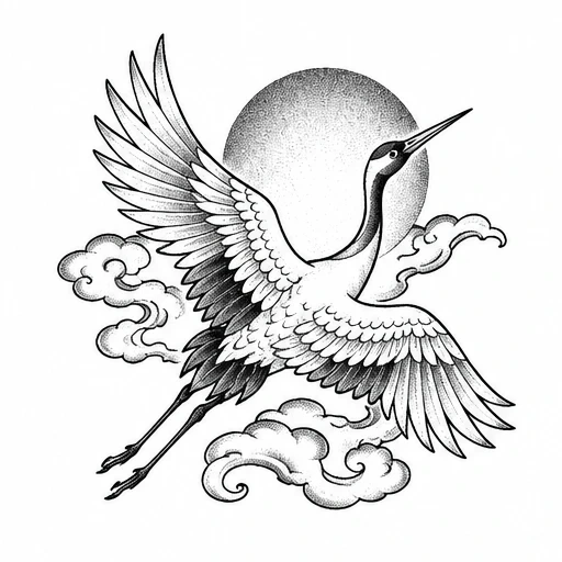 Black and white drawing of a flying crane with detailed feathers, clouds, and a sun in the background