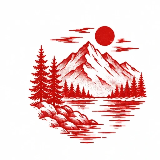 Red tattoo design of mountains, pine trees, lake, sun, and clouds in a circular composition