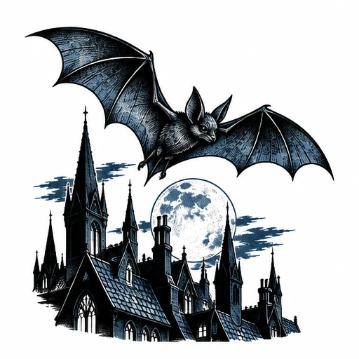 Tattoo of a large bat flying over gothic cathedral spires with a full moon and clouds in the background