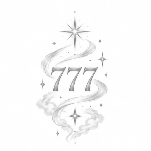 Black and gray tattoo design with the number 777, surrounded by swirling clouds and stars with a large star at the top.