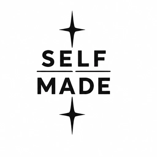 Minimalist tattoo design reading 'SELF MADE' with a horizontal line dividing the words and a simple star above and below the text in black ink.