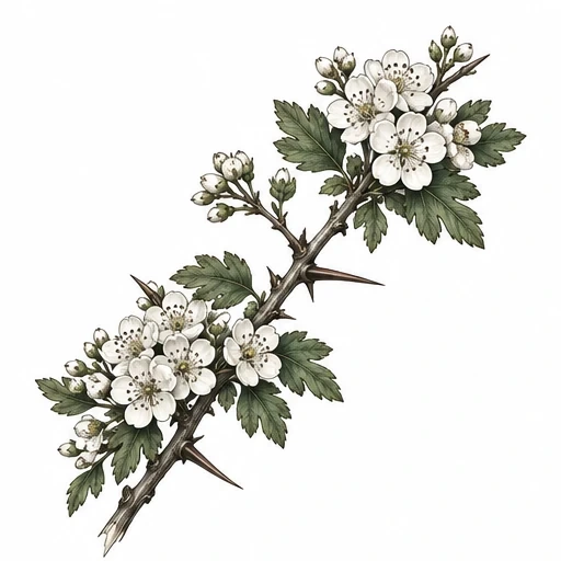 Hawthorn branch tattoo design with white blossoms, green leaves, and sharp thorns on a curved woody stem